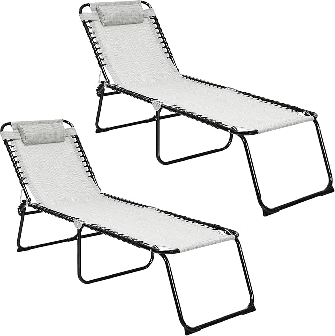 GYMAX Tanning Chair, Extra High Lounge Chair with Removable Pillow, Detachable Side Pocket & Adjustable Backrest, Folding Chaise Lounger for Sunbath, Layout Beach Chair for Indoor/Outdoor (2, Grey)