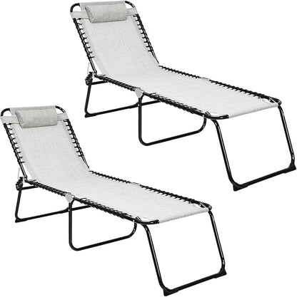 GYMAX Tanning Chair, Extra High Lounge Chair with Removable Pillow, Detachable Side Pocket & Adjustable Backrest, Folding Chaise Lounger for Sunbath, Layout Beach Chair for Indoor/Outdoor (2, Grey)