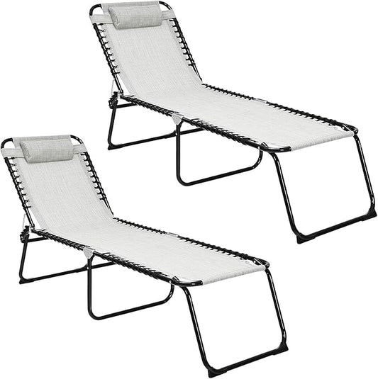 GYMAX Tanning Chair, Extra High Lounge Chair with Removable Pillow, Detachable Side Pocket & Adjustable Backrest, Folding Chaise Lounger for Sunbath, Layout Beach Chair for Indoor/Outdoor (2, Grey)