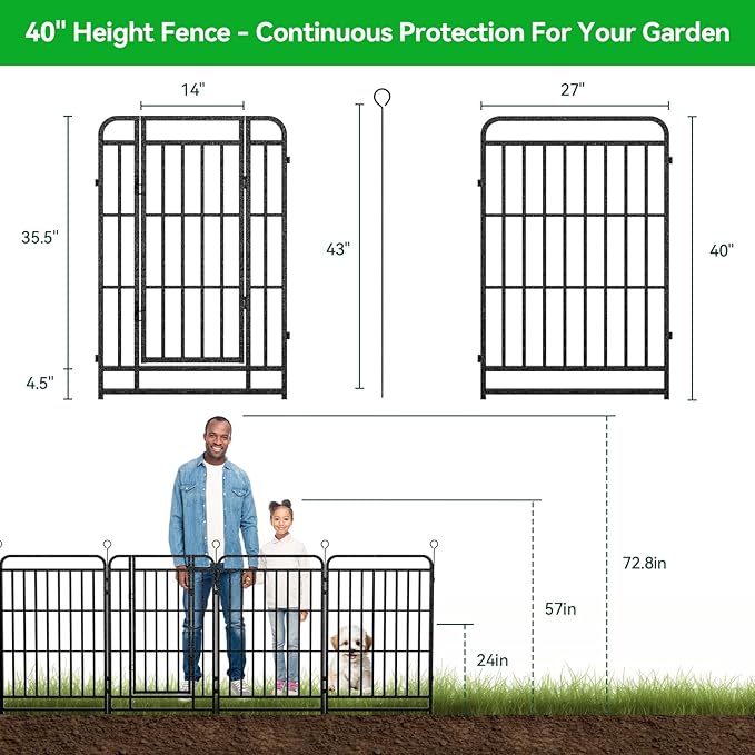 12 Panels No Dig Garden Fence 32 ft(L) X 40 in(H) Animal Barrier for Yard, Patio, Garden Borders, Outdoor Decorative Fencing with Thick Pipe Metal Panels