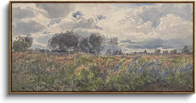 InSimSea Extra Large Framed Vintage Wall Art, Living Room Farmhouse Decor, Watercolor Flower Sky Field Landscape Paintings Canvas Prints, Scenery Long Picture for Bedroom Above of Bed,20x40inch