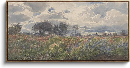 InSimSea Extra Large Framed Vintage Wall Art, Living Room Farmhouse Decor, Watercolor Flower Sky Field Landscape Paintings Canvas Prints, Scenery Long Picture for Bedroom Above of Bed,20x40inch