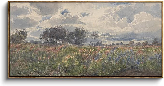 InSimSea Extra Large Framed Vintage Wall Art, Living Room Farmhouse Decor, Watercolor Flower Sky Field Landscape Paintings Canvas Prints, Scenery Long Picture for Bedroom Above of Bed,20x40inch