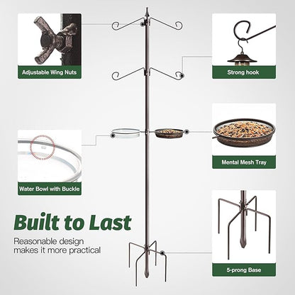 Bird Feeding Station Kit, 81 Inch, 4-Hook, Metal Birds Feeder Stand Pole with Bird Bath and Mesh Tray, Freestanding 5-Prong Base