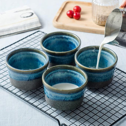 Ceramic Ramekins, 8 oz Creme Brulee Baking Cups, Set of 4, Light Blue | Reactive Glaze Finish, Oven Safe, Ideal for Souffle, Custard, Pudding, Dips, Ice Cream & Appetizers