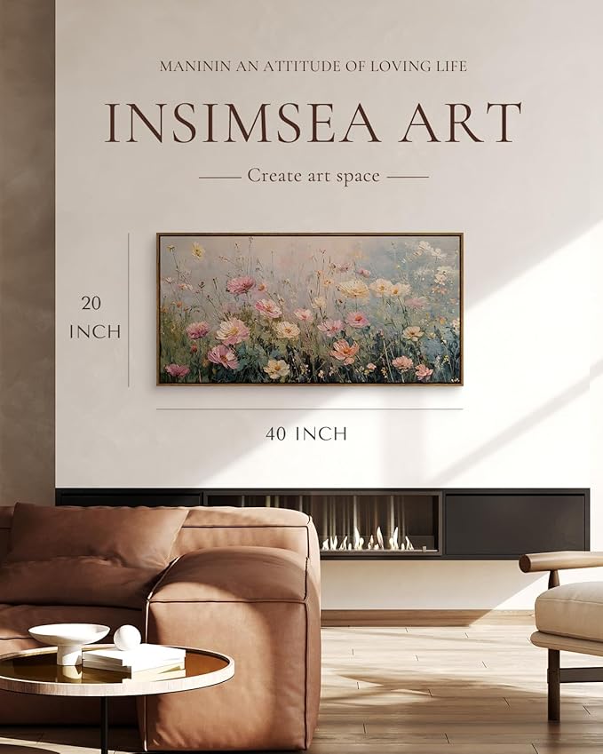 InSimSea Extra Large Framed Vintage Wall Art, Living Room Country Farmhouse Decor, Spring Wildflowers Field Landscape Canvas Prints, Retro Scenery Long Pictures for Bedroom Above of Bed,20x40inch