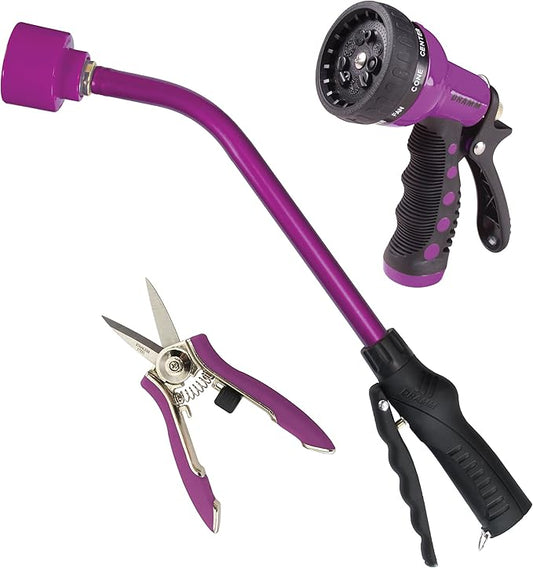DRAMM 50036 Watering and Tool Set in Green Includes 16-Inch Touch 'N Flow Pro Rain Wand, 9-Pattern Revolver Spray Gun, and Compact Shear, Purple