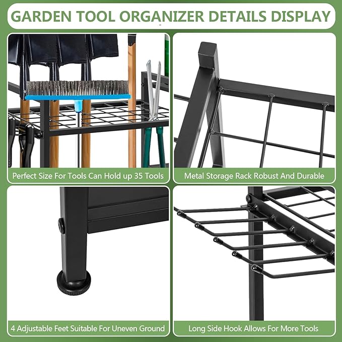 Garden Tool Organizer, 33.8×11.8×32inch Heavy-Duty Steel Garden Tool Rack Storage, Yard Tool Tower Rack for Garage Organizers and Storage, Holds Long-Handled Tools/Rakes/Brooms, Outdoor