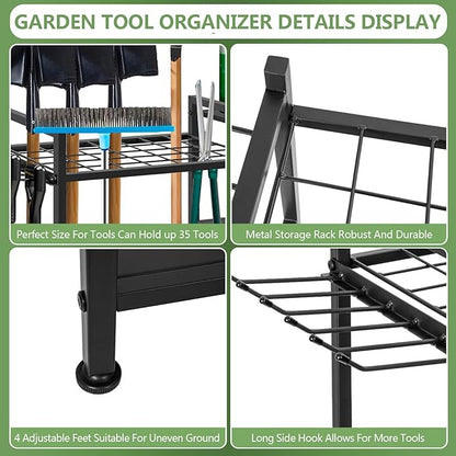 Garden Tool Organizer, 33.8×11.8×32inch Heavy-Duty Steel Garden Tool Rack Storage, Yard Tool Tower Rack for Garage Organizers and Storage, Holds Long-Handled Tools/Rakes/Brooms, Outdoor