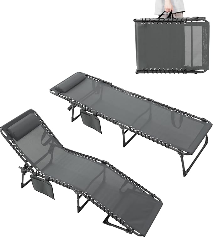 MUPATER 4-Fold Patio Chaise Lounge Chair for Outdoor with Detachable Pocket and Pillow, Portable Sun Lounger Recliner for Beach, Camping and Pool, Grey