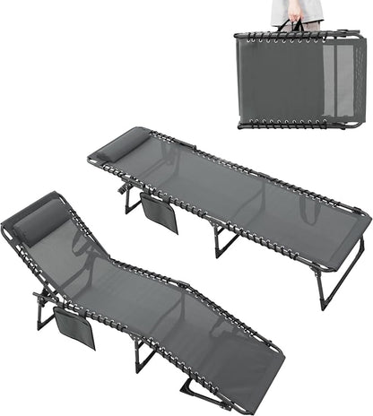 MUPATER 4-Fold Patio Chaise Lounge Chair for Outdoor with Detachable Pocket and Pillow, Portable Sun Lounger Recliner for Beach, Camping and Pool, Grey