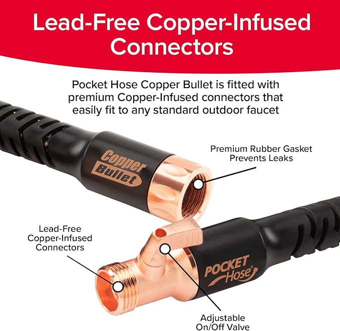 Pocket Hose 50 FT Copper Bullet Expandable Garden Hose w/10 Pattern Thumb Spray Nozzle AS SEEN ON TV 650psi 3/4 in Patented Lead-Free Ultra-Lightweight Solid Copper Anodized Aluminum
