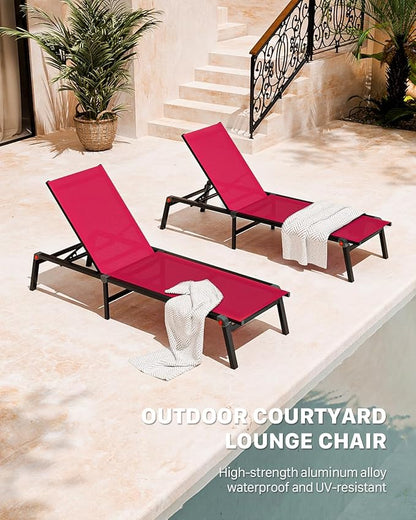 Aluminum Chaise Foldable Patio Lounge Chair Outdoor, Metal Deck Lounger Adjustable 5-Position Recliner Pool Chase Breathable Full Flat Outside Sun Tanning Chairs for Beach/Poolside/Lawn(Red, 2 Pack)
