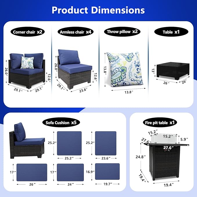 8 Pieces Patio Furniture Set with 28" Fire Pit Table, Wicker Outdoor Sectional Couch, Rattan Conversation Set for Backyard, Deck, Garden Lawn, Brown/Blue