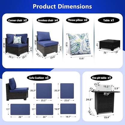 8 Pieces Patio Furniture Set with 28" Fire Pit Table, Wicker Outdoor Sectional Couch, Rattan Conversation Set for Backyard, Deck, Garden Lawn, Brown/Blue