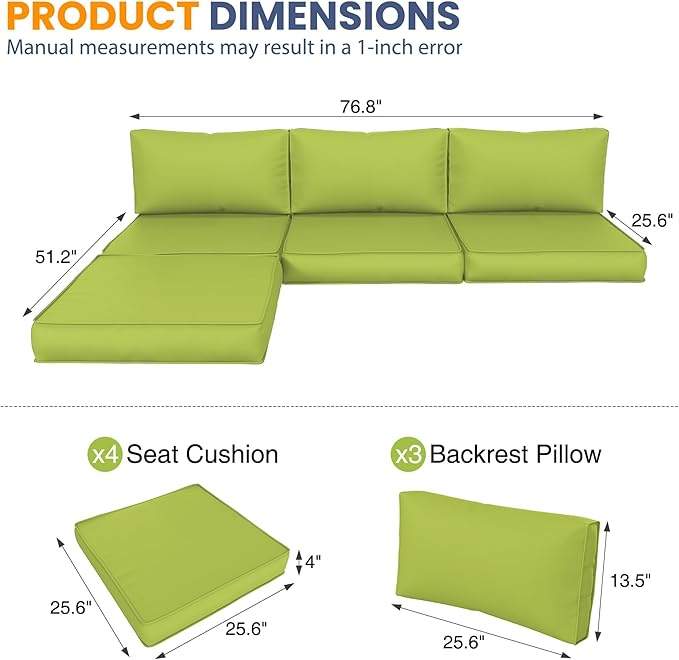 Amopatio 7-Piece Outdoor Cushions, Waterproof Outdoor Replacement Cushion, Non-Slip Bottom All-Weather Patio Couch Cushions for 4-seat Patio Sectional, Green