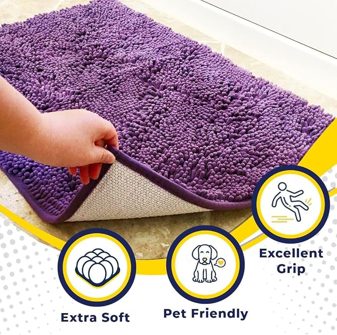 Muddy Mat® | Super Water Absorbent Door Mat Indoor, Microfiber Quick Dry Chenille Entryway Rug, Slip Resistant Front Door Mat, Indoor Mats for Entryway, Machine Washable Pet Rug, Purple 30" x 60"