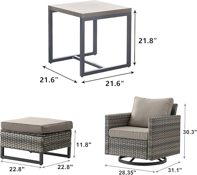 Rilyson Wicker Outdoor Patio Furniture Set - 5 Piece Patio Conversation Set with 2 Swivel Rocker Chairs,2 Rattan Ottoman and 1 Metal Side Table for Outside Porch Deck Backyard Garden(Mixed Grey/Grey)