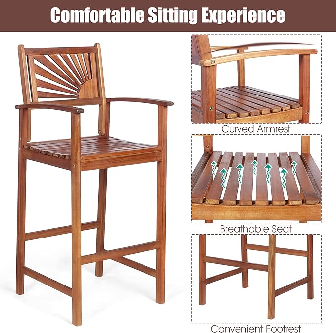 COSTWAY Bar Stools Set of 2, Outdoor Acacia Wood Bar Chairs with Sunflower Backrest, Curved Armrests & Breathable Seat, Ideal for Balcony, Sunroom, Patio, Easy Assembly