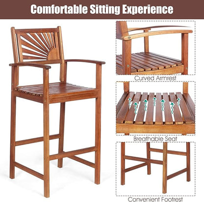 COSTWAY Bar Stools Set of 2, Outdoor Acacia Wood Bar Chairs with Sunflower Backrest, Curved Armrests & Breathable Seat, Ideal for Balcony, Sunroom, Patio, Easy Assembly