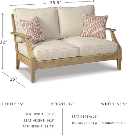 Signature Design by Ashley Clare View Coastal Outdoor Loveseat, Cushioned with Nuvella Fabric, Protective Finish, Eucalyptus Wood, 55.5" W x 35" D x 32" H, Beige