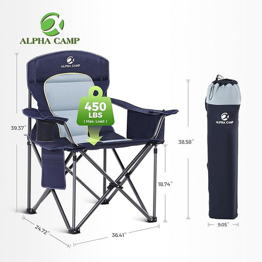 ALPHA CAMP Heavy Duty Camping Chair 500LBS Capacity, Oversized Folding Chair for Heavy People, Padded Portable Outdoor Chair with Cooler Bag & Cup Holder for Camping, Fishing, Beach