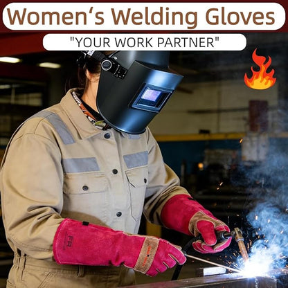 Welding Gloves for Men, Gardening Gloves Yard Work for Women, Long Sleeves Gloves for Rose Pruning, Thorn Proof, Fireproof and Heat Resistant (Rose Red, X-Small)