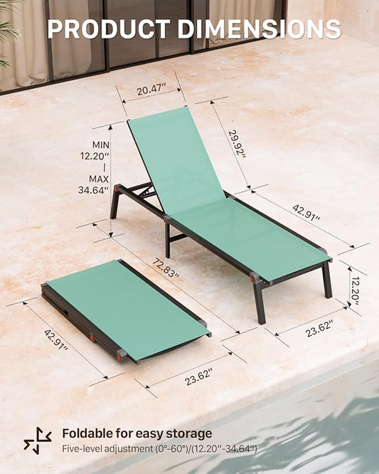 Aluminum Chaise Foldable Patio Lounge Chair Outdoor, Metal Deck Lounger Adjustable 5-Position Recliner Pool Chase Breathable Full Flat Outside Sun Tanning Chairs for Beach/Poolside/Lawn(Green, 2 Pack)