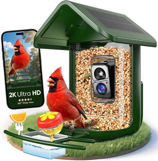 Bird Feeder with Camera Solar Powered - Smart Bird Feeder Camera 2K HD Live Stream, 5MP Photos, AI Identification for Backyard, 2.4Lb Large Capacity, Gifts for Mom Dad, Green