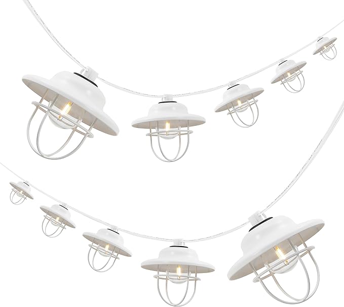 JONATHAN Y JYL8703B 10-Light Indoor/Outdoor 10 ft. Rustic Farmhouse Incandescent G40 Metal Cage Shade String Lights Contemporary, Transitional, Modern, Patio, Porch, Backyard, White