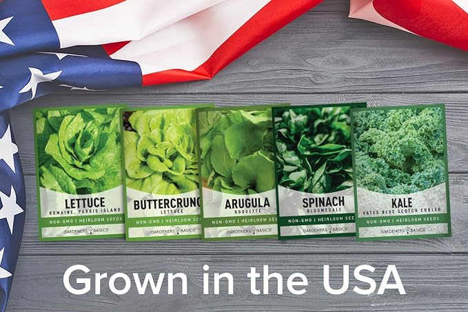 Gardeners Basics Lettuce and Greens Heirloom Vegetable Seed Non-GMO Seeds for Planting Indoors and Outdoor - Lettuce Buttercrunch, Romaine, Arugula, Kale and Spinach, Pack of 5