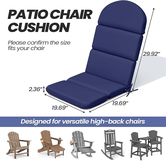 Crestlive 50x19.6 Inch Adirondack Chair Cushion, Waterproof, Fade Resistant, High Back Outdoor Rocking Chair Cushion for Patio, Navy