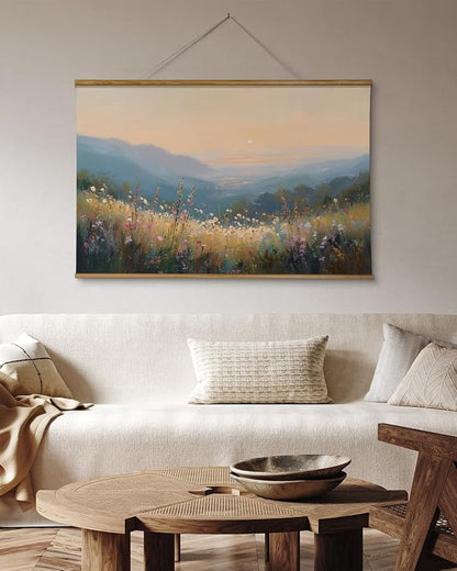 VIYYIEA Extra Large Size Canvas Wall Art, 36x54 Inch Sunset Mountain Valley with Wildflowers Scroll Painting, Oversized Landscape Wall Hanging for Living Room, Bedroom, or Cabin Decor