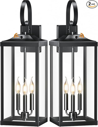 2 Packs 24" Extra Large Dusk to Dawn Light Fixture 3-Light, Black Outdoor Porch Lantern Wall Mounted, Waterproof Modern Outside Wall Sconce Coach Lamp for House, E12