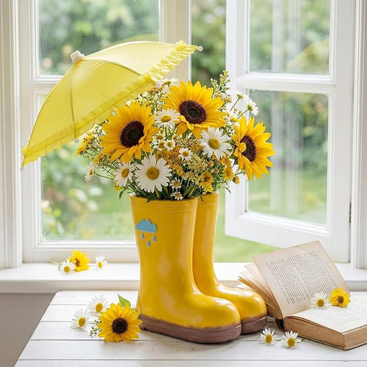 Rain Boot Vase Spring Rain Boot with Yellow Umbrella 7.87 x 5.12 x 7.09 7.87 x 5.12 x 7.09 Resin Flowerpot Floral Centerpiece April Showers Table Decor for Herbs Succulents Flowers
