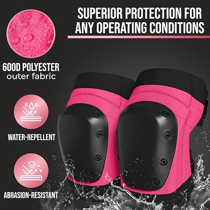 PRO Constructor Style Knee Pads for Women with 3 Levels of Protection, Pink, 1 Pair - Flat Stand Plastic Cap & Multi Adjustable Fasteners, Made in USA