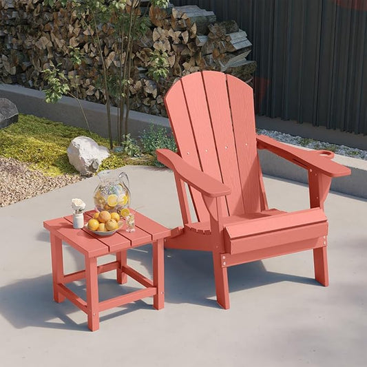 Folding Adirondack Chair with Cup Holders, HDPE Plastic Outdoor Chairs, Weather Resistant, Real Wood Look for Patio, Deck, Fire Pit, Backyard, Coral