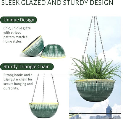 10in Hanging Planters for Indoor and Outdoor Plants, 2 Pack Hanging Planter with Drainage Hole, Round Hanging Flower Pots for Garden Home Decor (Green Glaze)