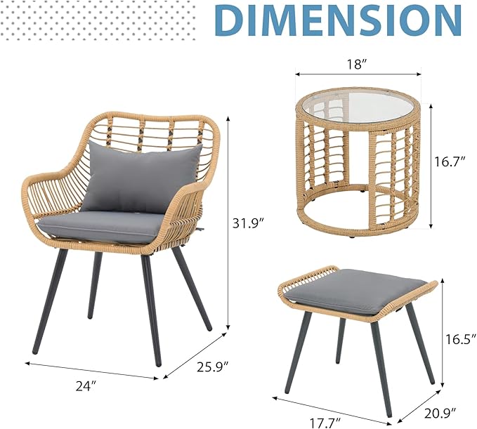 JOIVI 5 Piece Patio Wicker Conversation Set with Ottomans, Outdoor Furniture Bistro Set with Rattan Chairs and Round Side Table for Porch, Balcony, Yard, Gray Cushion