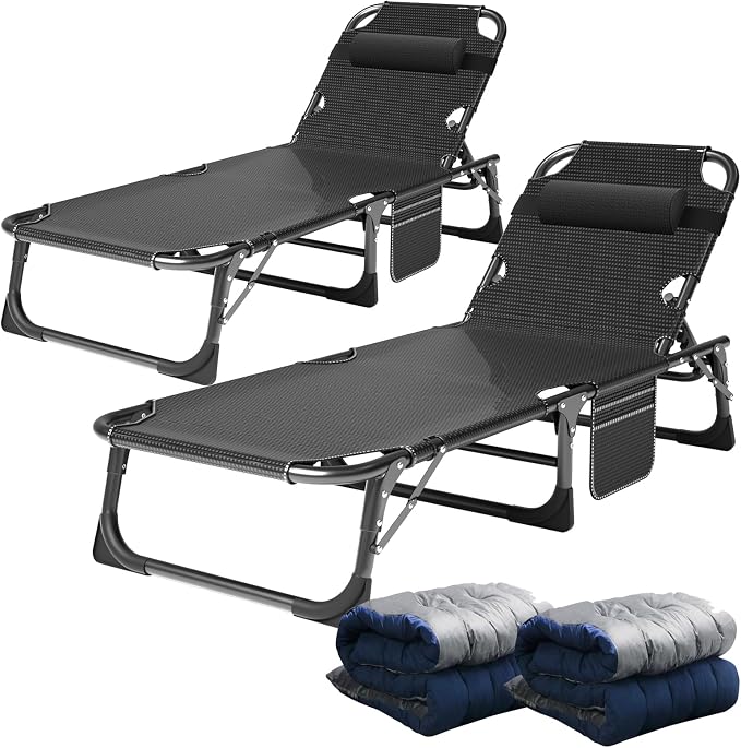 ABORON Tanning Chairs, 2 Pack, 5-Position Padded Folding Loungers | Set of 2 folding chaise lounges with 5-position backs, padded mats and pillows; supports up to 400 lb per chair.