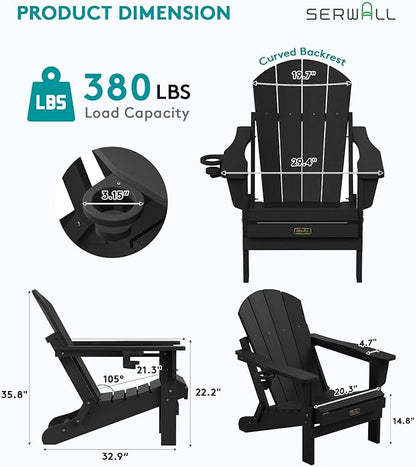 SERWALL Folding Adirondack Chair with Cup Holder for Outdoor, All-Weather Patio Chairs with Wood Texture, Fire Pit Chairs for Deck Porch Garden - Black