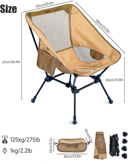 iClimb Ultralight Compact Camping Folding Beach Chair with Anti-Sinking Large Feet and Back Support Webbing (Brown- Square Frame)