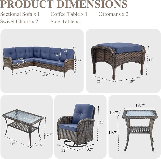 HUMMUH Outdoor Patio Furniture Set,L-Shaped Sectional Couches with Swivel Patio Chairs,Wicker Conversation Set for Deck,Backyard,Porch,Garden