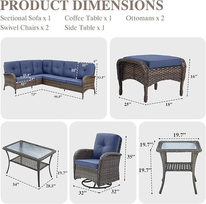 HUMMUH Outdoor Patio Furniture Set,L-Shaped Sectional Couches with Swivel Patio Chairs,Wicker Conversation Set for Deck,Backyard,Porch,Garden