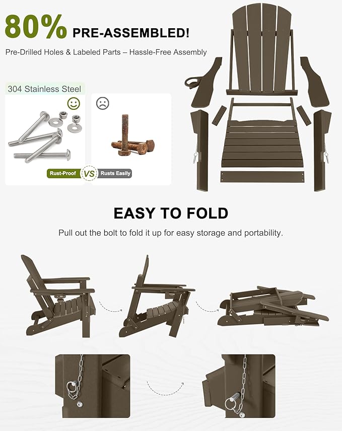 Folding Adirondack Chairs - Plastic Adirondack Chairs with Cup Holder, Weather Resistant for Outdoor, Patio, Lawn, Garden, Backyard Deck, Fire Pit - Dark Brown