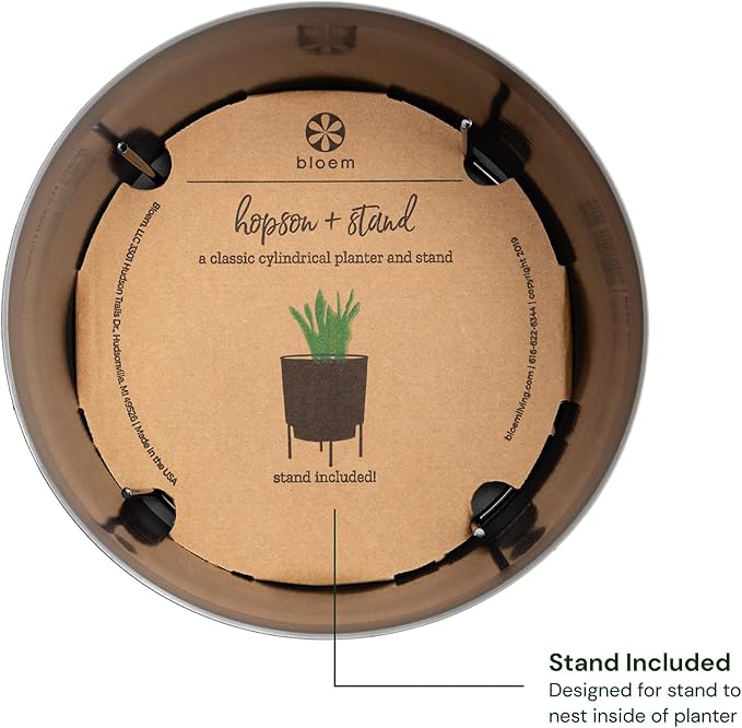Bloem Hopson Decorative Resin Cachepot with Metal Stand, 6" Indoor and Outdoor Planter with Black Metal Stand, Charcoal