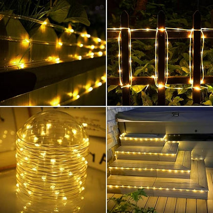 Solar Rope Lights, 2 Packs Total 132ft 400LED Solar String Lights, 8 Modes Waterproof Solar Powered Outdoor Light, Flexible Clear Tube Light for Garden Backyard Patio Deck Pool Tree Decor - Warm White