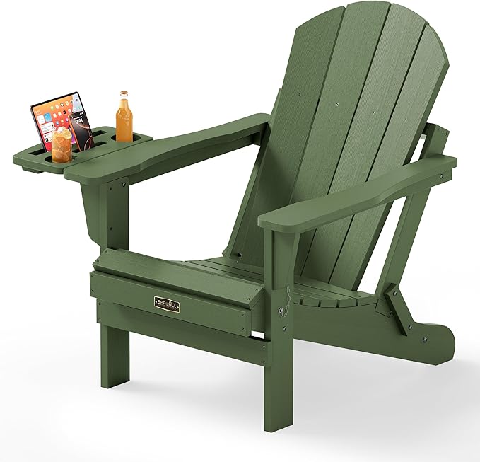 SERWALL Folding Adirondack Chair, Paito Adirondack Chairs with 4-in-1 Multi-Functional Cup Holder, Outdoor Chairs, All Weather Fire Pit Chair for Garden, Poolside, Backyard, Lawn - Army