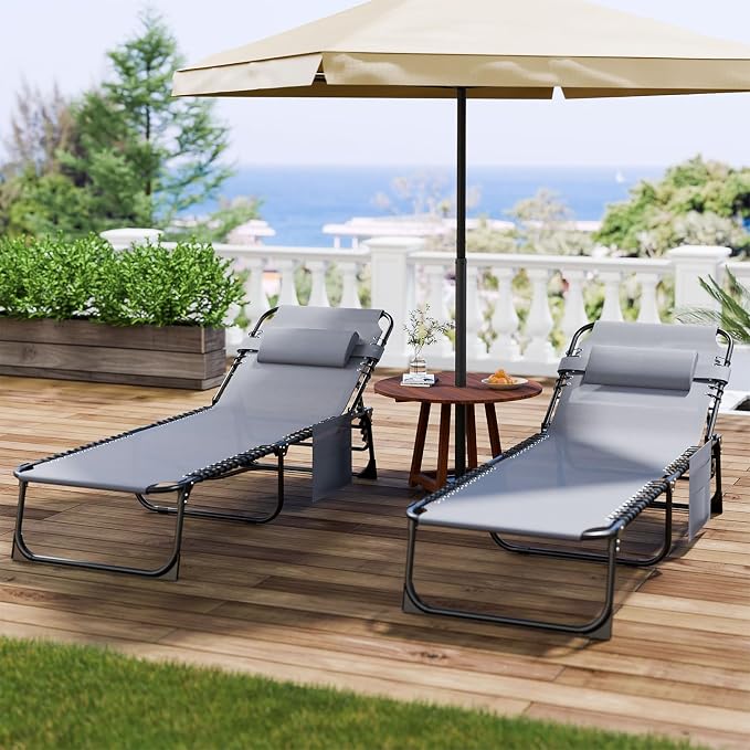EBE Outdoor Lounge Chair Set of 2, Portable Patio Sun Tanning Chairs with 4-Position Reclining Back, Pool Chaise Lounge Chair with Detachable Pillow and Side Pocket for Beach, Poolside, Grey