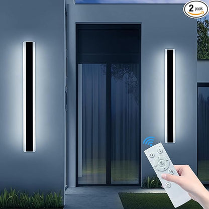 2 Pack 31.4inch Modern Outdoor LED Wall Sconce, Dimmable 3000K-6000K with Remote Control, IP65 Waterproof Black Aluminium Long Exterior Wall Light Fixture for Porch, Patio, Garage, Yard